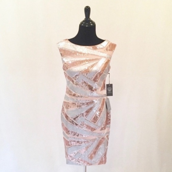 Vince Camuto Split Sequin Blush Sheath Dress - Picture 2 of 8